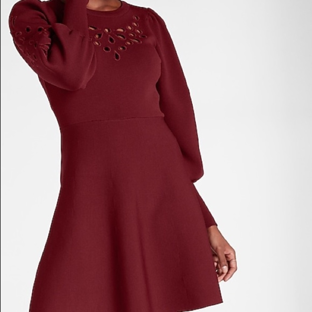 Burgundy eyelet balloon sleeve dress